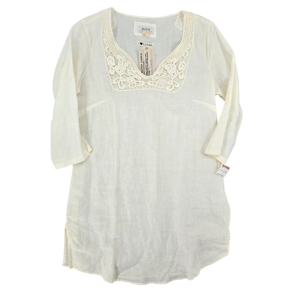 Malvin NEW LARGE Linen Crochet Lace Ivory Boho Cottagecore Beach‎ Tunic Dress
